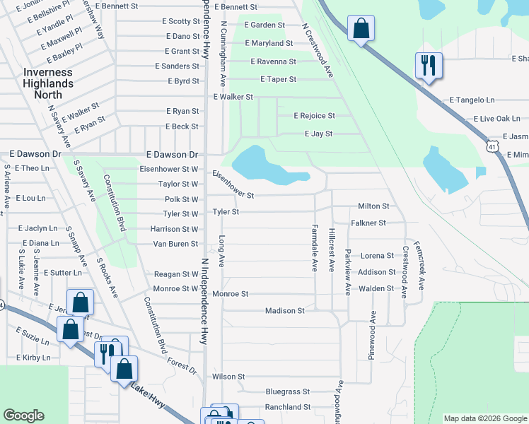 map of restaurants, bars, coffee shops, grocery stores, and more near 2411 Tyler Street in Inverness