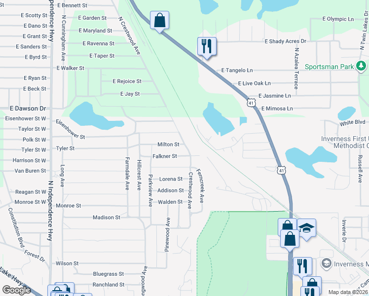 map of restaurants, bars, coffee shops, grocery stores, and more near 1903 Milton Street in Inverness