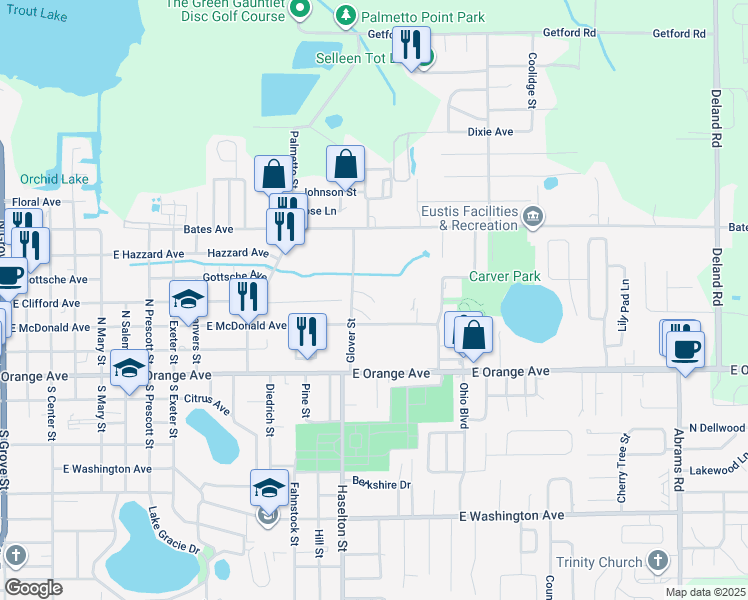 map of restaurants, bars, coffee shops, grocery stores, and more near 101 Glover Street in Eustis