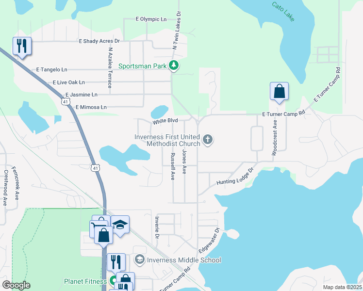 map of restaurants, bars, coffee shops, grocery stores, and more near 1107 Jones Avenue in Inverness