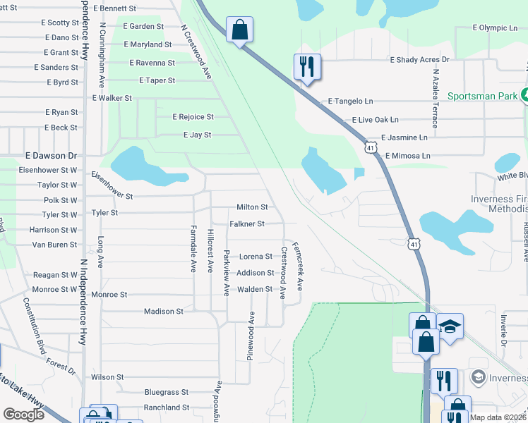 map of restaurants, bars, coffee shops, grocery stores, and more near 1909 Milton Street in Inverness