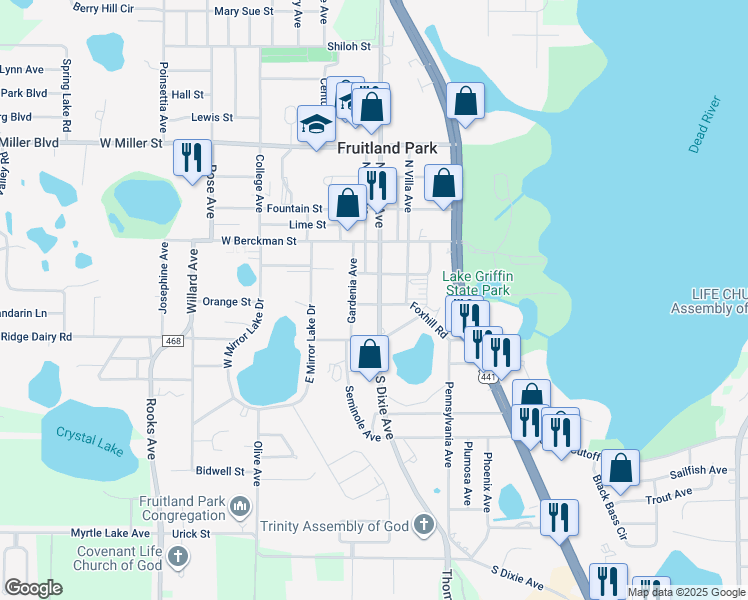 map of restaurants, bars, coffee shops, grocery stores, and more near 208 South Dixie Avenue in Fruitland Park