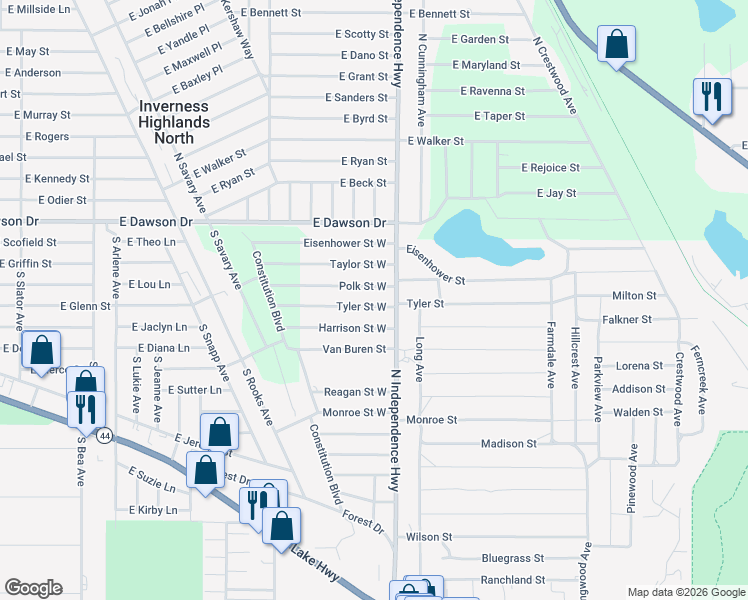 map of restaurants, bars, coffee shops, grocery stores, and more near 2806 Tyler Street in Inverness