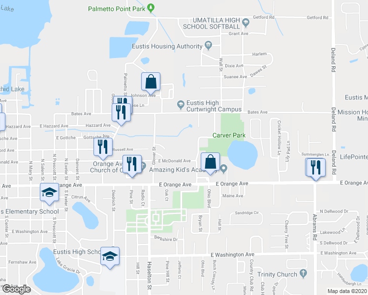 map of restaurants, bars, coffee shops, grocery stores, and more near 1925 East McDonald Avenue in Eustis