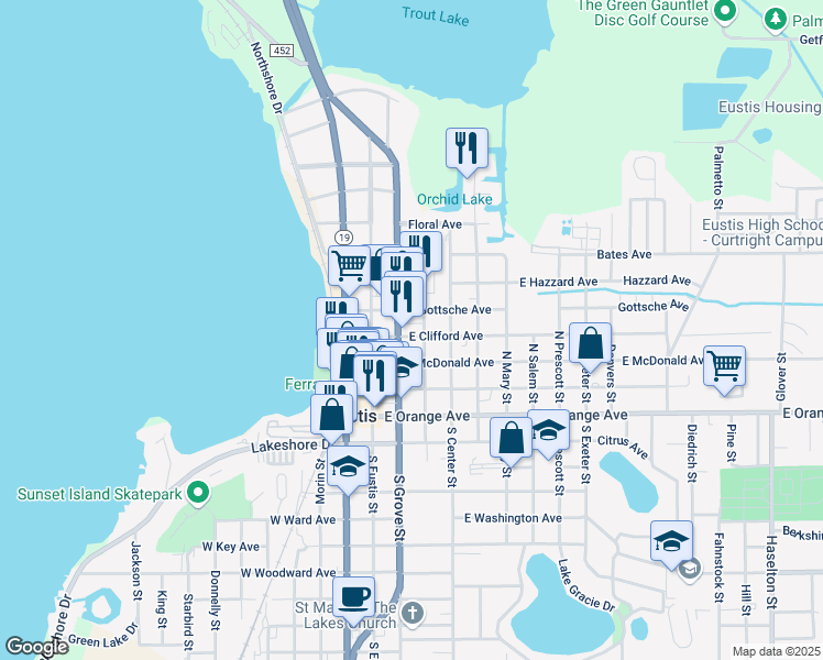 map of restaurants, bars, coffee shops, grocery stores, and more near in Eustis