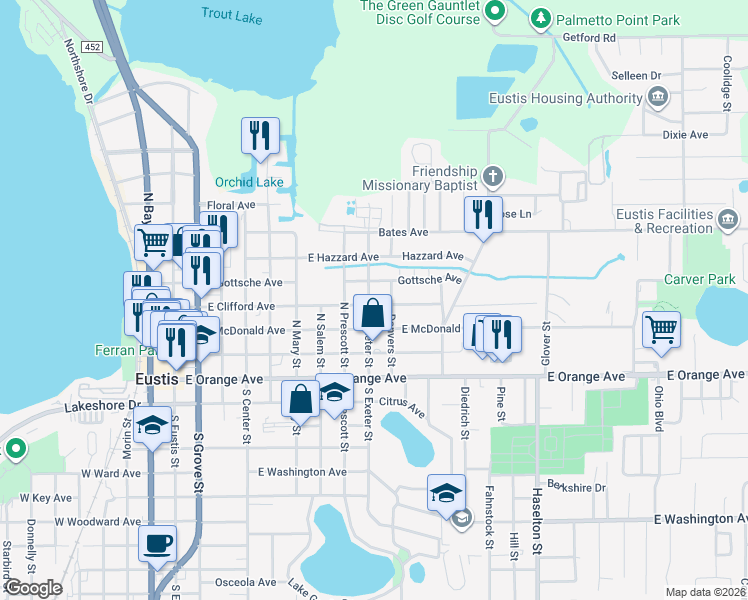map of restaurants, bars, coffee shops, grocery stores, and more near 820 East Clifford Avenue in Eustis