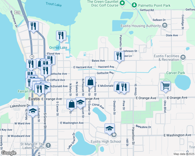 map of restaurants, bars, coffee shops, grocery stores, and more near 1005 East Clifford Avenue in Eustis