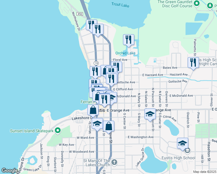 map of restaurants, bars, coffee shops, grocery stores, and more near 111 East Clifford Avenue in Eustis