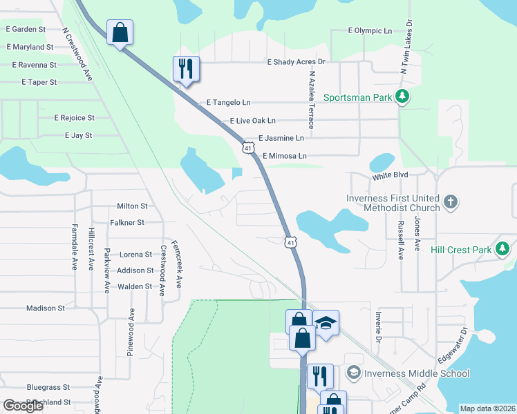 map of restaurants, bars, coffee shops, grocery stores, and more near 1308 Bruce Street in Inverness