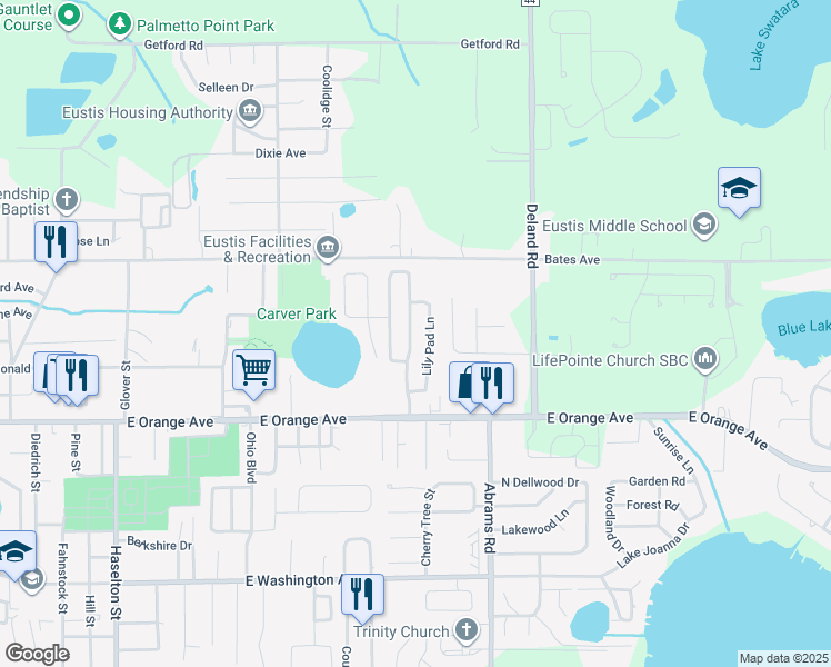 map of restaurants, bars, coffee shops, grocery stores, and more near 301 Cricket Hollow Lane in Eustis