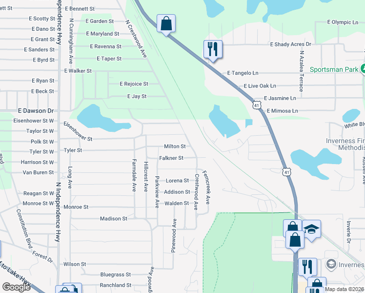map of restaurants, bars, coffee shops, grocery stores, and more near 1909 Milton Street in Inverness