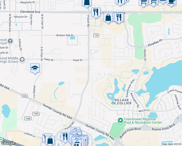 map of restaurants, bars, coffee shops, grocery stores, and more near 2621 Jupiter Way in The Villages