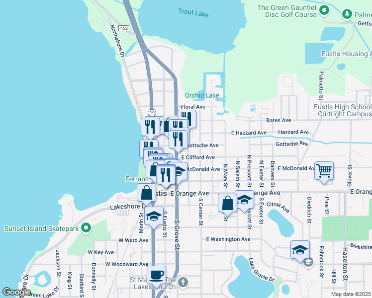 map of restaurants, bars, coffee shops, grocery stores, and more near in Eustis