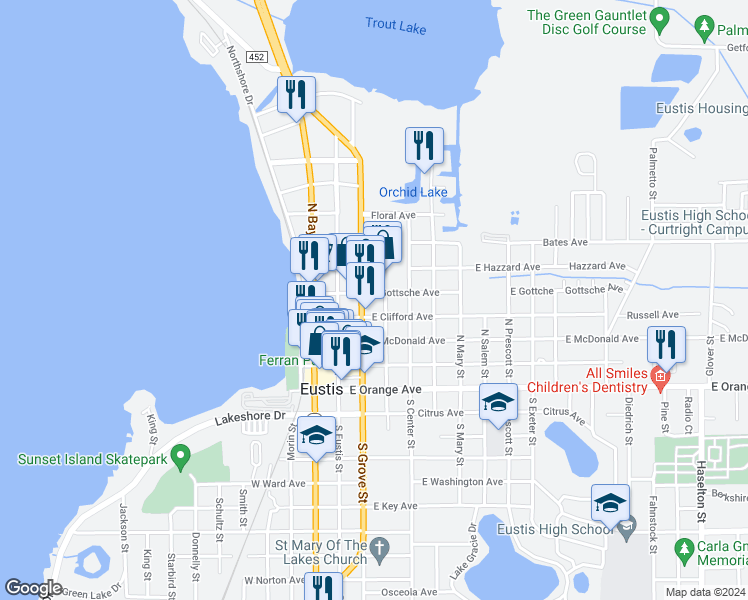map of restaurants, bars, coffee shops, grocery stores, and more near in Eustis