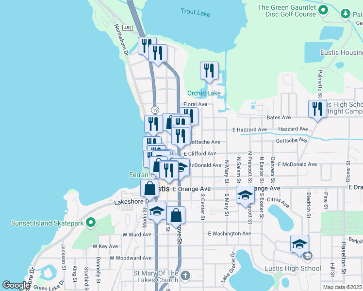 map of restaurants, bars, coffee shops, grocery stores, and more near 111 East Clifford Avenue in Eustis