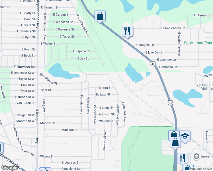 map of restaurants, bars, coffee shops, grocery stores, and more near 1909 Milton Street in Inverness
