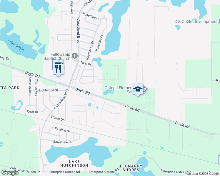 map of restaurants, bars, coffee shops, grocery stores, and more near 524 Doyle Road in Osteen