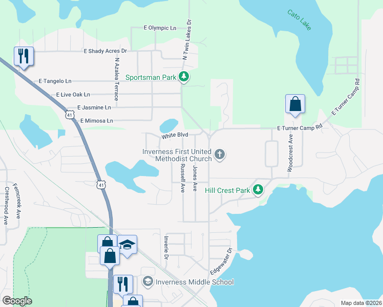 map of restaurants, bars, coffee shops, grocery stores, and more near 1107 Jones Avenue in Inverness
