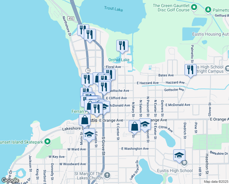 map of restaurants, bars, coffee shops, grocery stores, and more near in Eustis