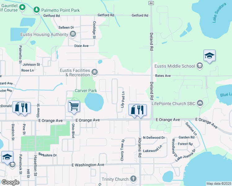 map of restaurants, bars, coffee shops, grocery stores, and more near 707 Cricket Hollow Lane in Eustis