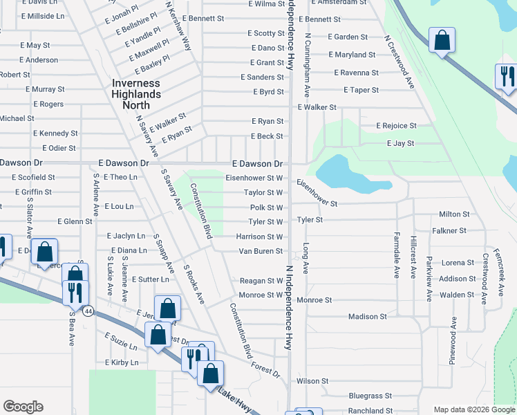 map of restaurants, bars, coffee shops, grocery stores, and more near 2814 Polk Street West in Inverness