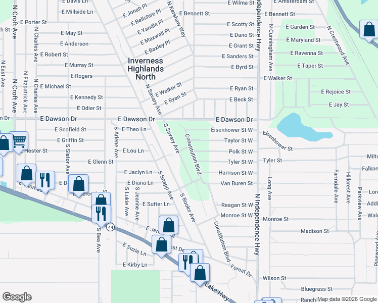 map of restaurants, bars, coffee shops, grocery stores, and more near 1017 Constitution Way in Inverness