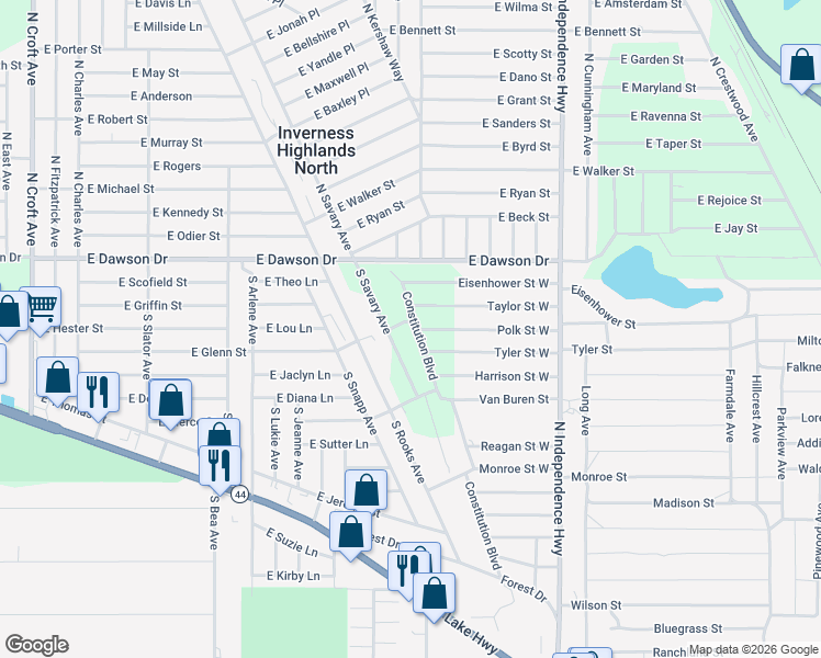 map of restaurants, bars, coffee shops, grocery stores, and more near 1017 Constitution Way in Inverness
