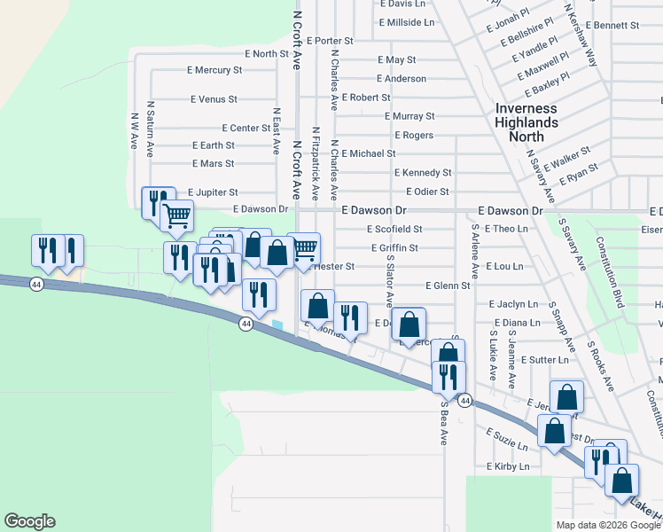 map of restaurants, bars, coffee shops, grocery stores, and more near 122 South Charles Avenue in Inverness
