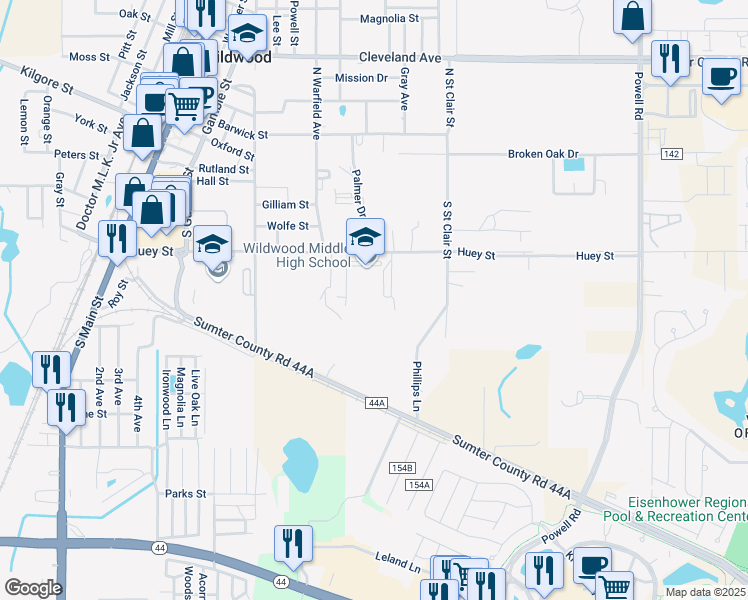 map of restaurants, bars, coffee shops, grocery stores, and more near 700 Huey Street in Wildwood