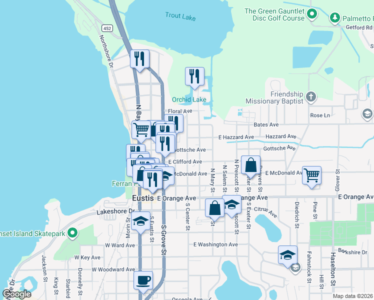 map of restaurants, bars, coffee shops, grocery stores, and more near 399 North Center Street in Eustis