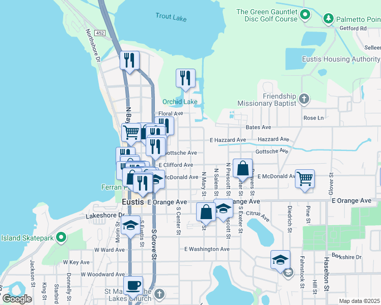 map of restaurants, bars, coffee shops, grocery stores, and more near 410 East Hazzard Avenue in Eustis