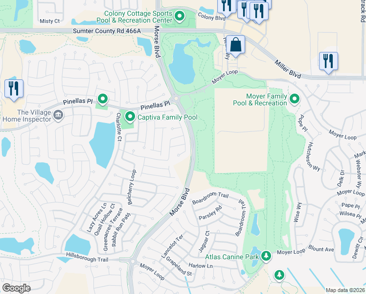 map of restaurants, bars, coffee shops, grocery stores, and more near 484 Yarborough Way in The Villages