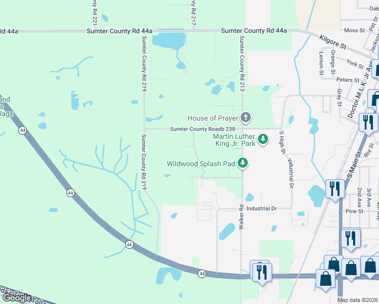 map of restaurants, bars, coffee shops, grocery stores, and more near 6917 County Road 215 in Wildwood