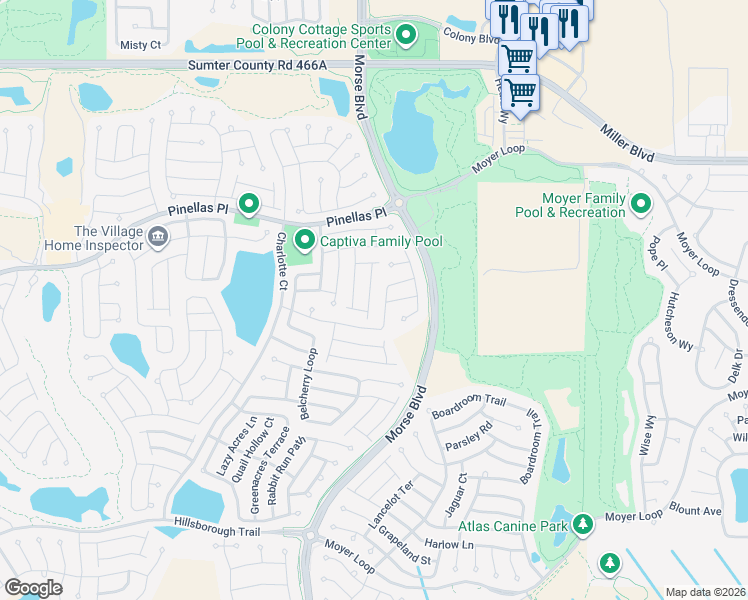 map of restaurants, bars, coffee shops, grocery stores, and more near 3146 Kimberwicke Avenue in The Villages