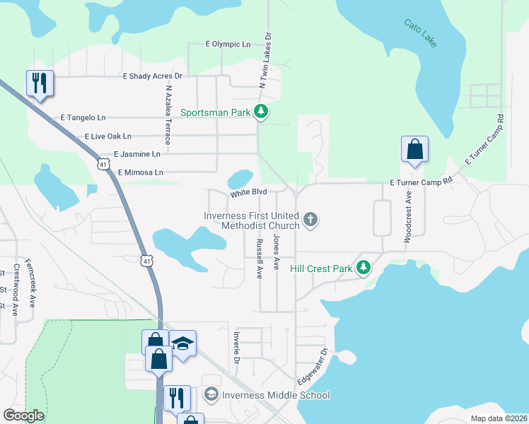 map of restaurants, bars, coffee shops, grocery stores, and more near 1205 Jones Avenue in Inverness