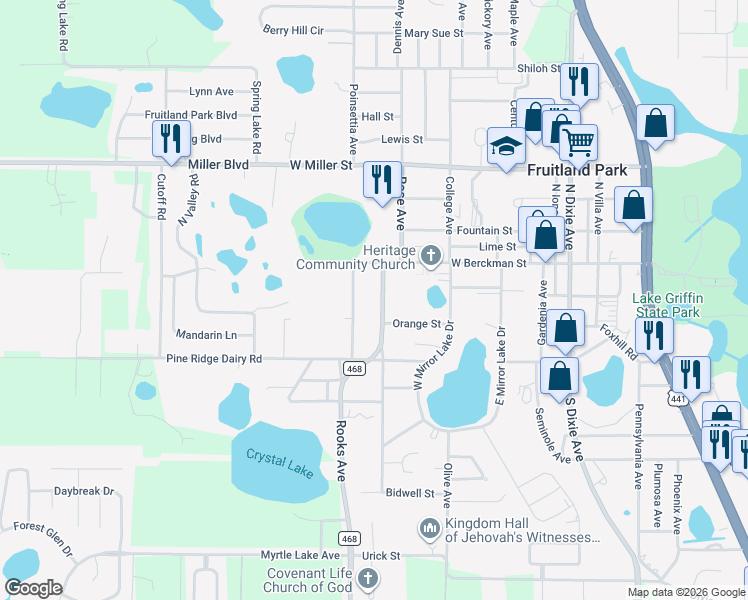 map of restaurants, bars, coffee shops, grocery stores, and more near 108 Willard Avenue in Fruitland Park