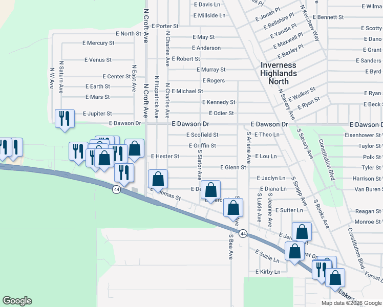 map of restaurants, bars, coffee shops, grocery stores, and more near 3098 East Griffin Street in Inverness