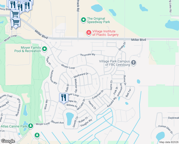 map of restaurants, bars, coffee shops, grocery stores, and more near 3147 Lowe Court in The Villages