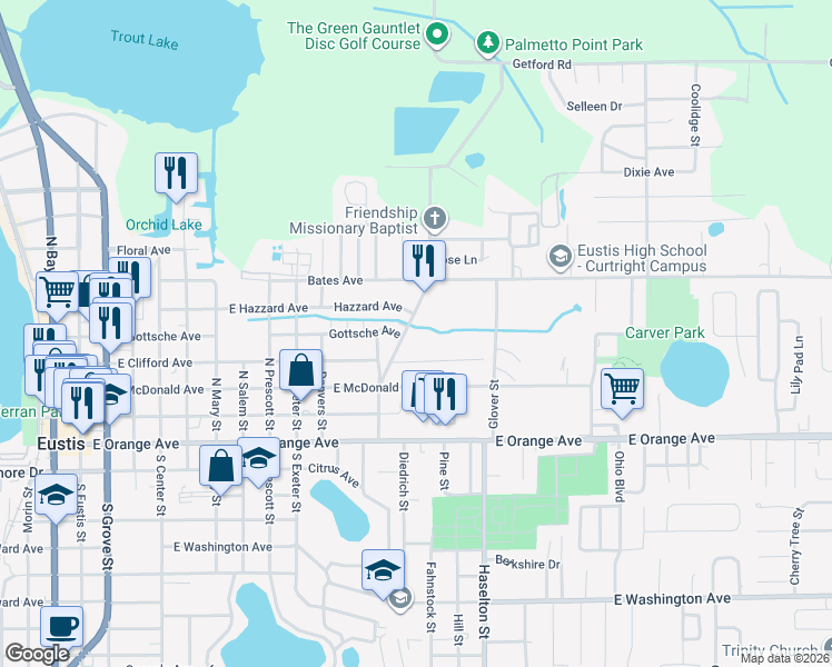 map of restaurants, bars, coffee shops, grocery stores, and more near 432 Palmetto Street in Eustis