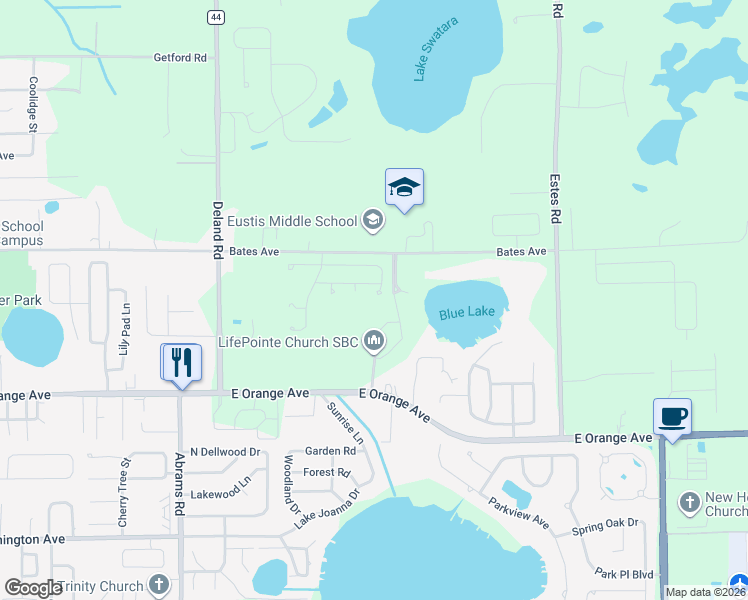 map of restaurants, bars, coffee shops, grocery stores, and more near 3509 Oak Brook Lane in Eustis