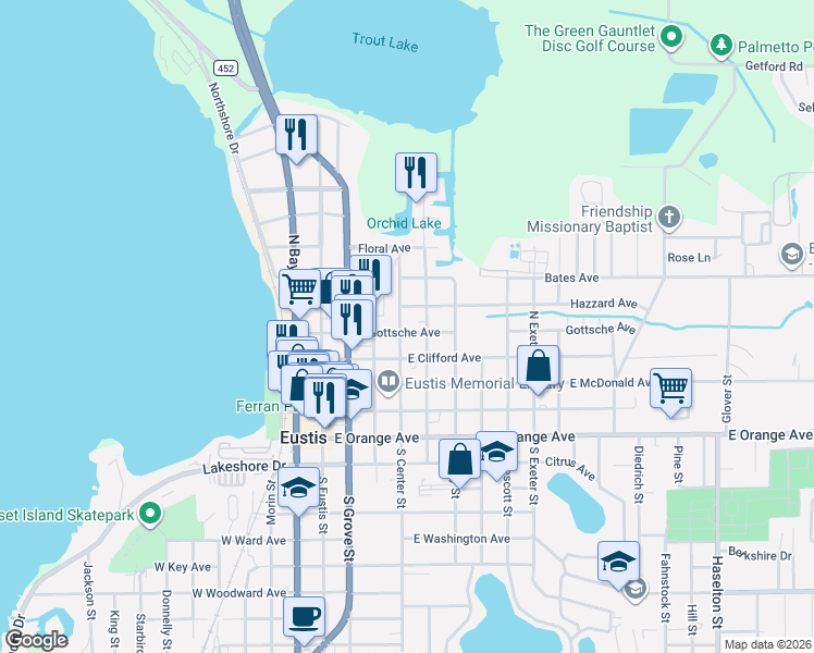 map of restaurants, bars, coffee shops, grocery stores, and more near 405 North Center Street in Eustis