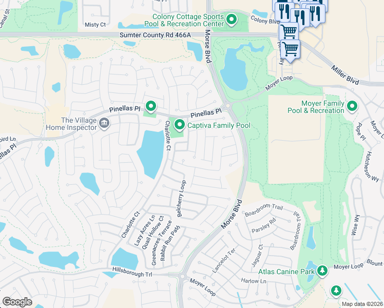 map of restaurants, bars, coffee shops, grocery stores, and more near 3143 Avondale Avenue in The Villages