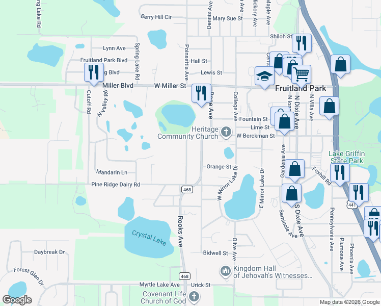 map of restaurants, bars, coffee shops, grocery stores, and more near 108 Willard Avenue in Fruitland Park