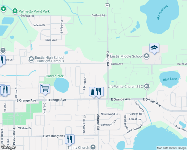 map of restaurants, bars, coffee shops, grocery stores, and more near 2603 Summerglen Lane in Eustis