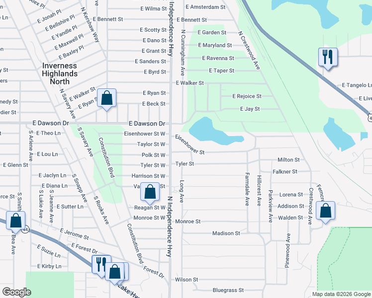 map of restaurants, bars, coffee shops, grocery stores, and more near 2602 Eisenhower Street in Inverness