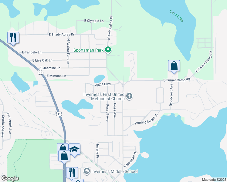 map of restaurants, bars, coffee shops, grocery stores, and more near 1127 Jones Avenue in Inverness