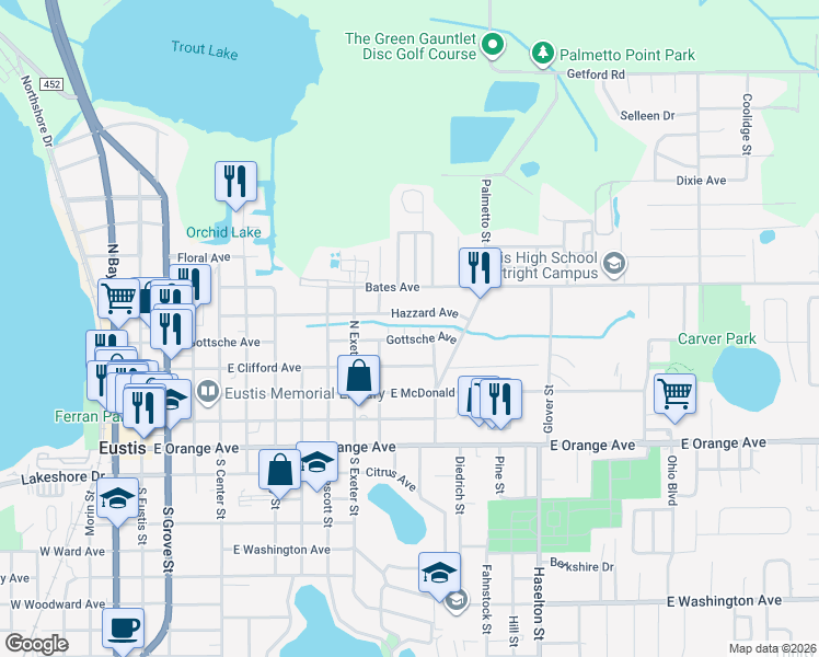 map of restaurants, bars, coffee shops, grocery stores, and more near 403 Benton Lane in Eustis