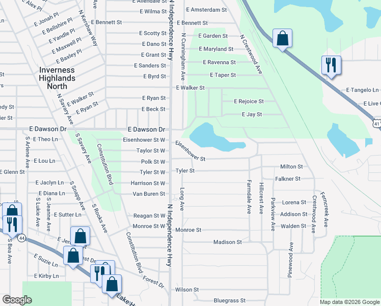 map of restaurants, bars, coffee shops, grocery stores, and more near 2602 Eisenhower Street in Inverness