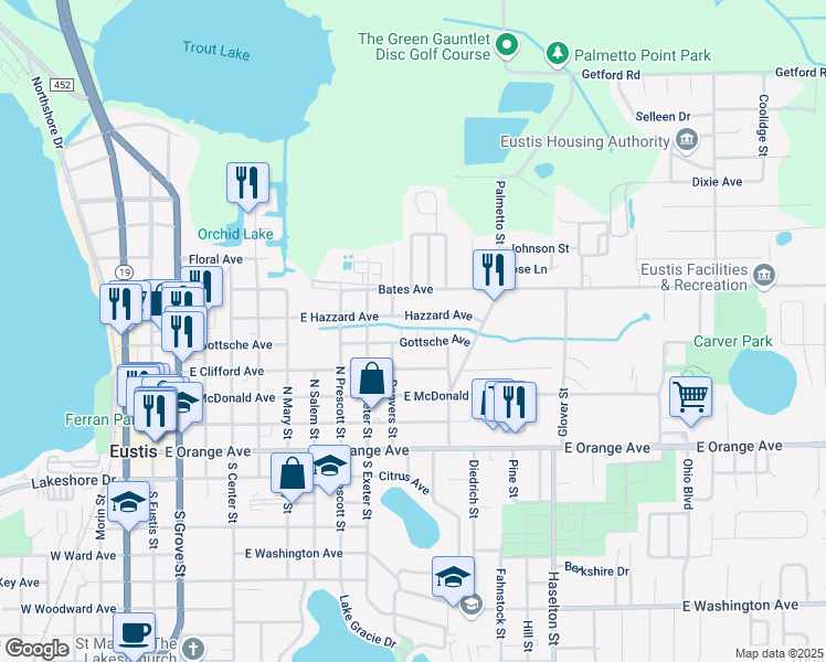 map of restaurants, bars, coffee shops, grocery stores, and more near 402 Benton Lane in Eustis