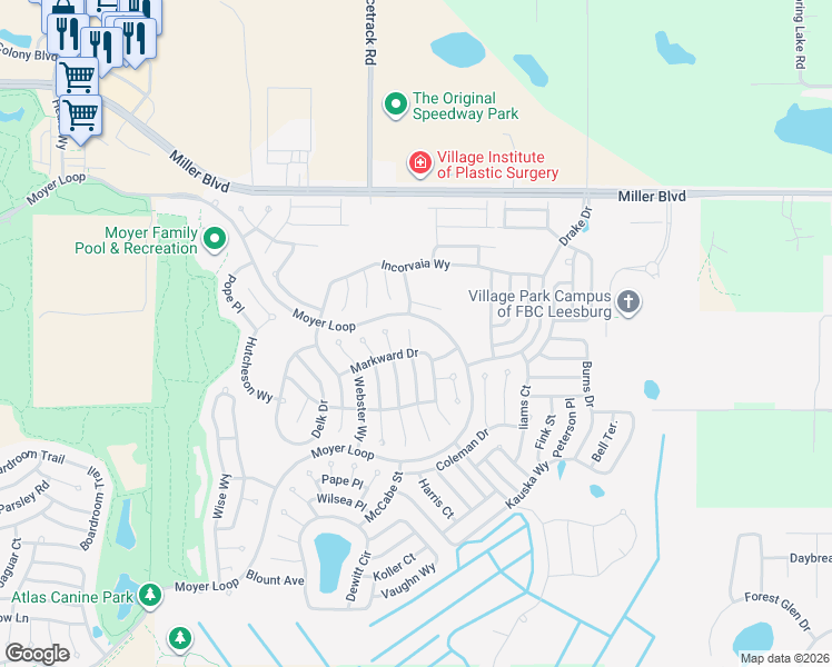 map of restaurants, bars, coffee shops, grocery stores, and more near 3147 Lowe Court in The Villages